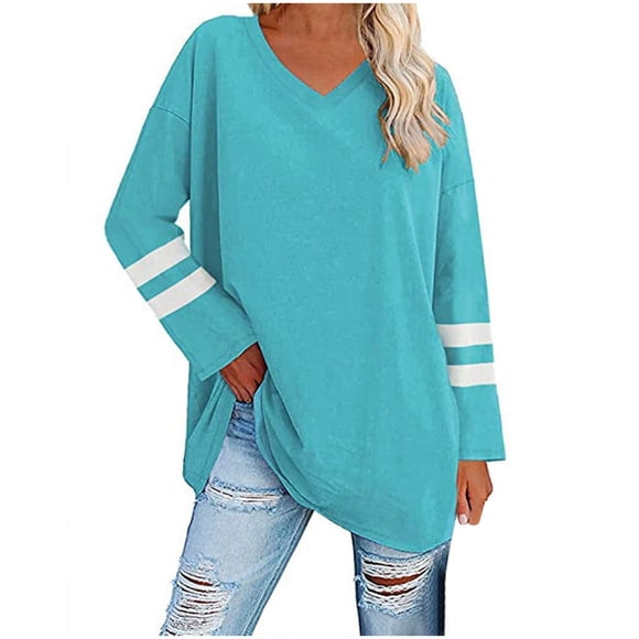 HUITKMM T-Shirts en Coton pour Femmes Manches Longues Imprimé Col en V Décontracté Doux Confortable T-Shirt Y 2 K Blouse Ample Hauts Basiques Vêtements
