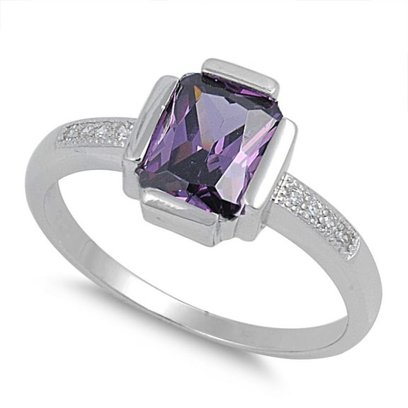 Faceted Rectangular Simulated Amethyst Cubic Zirconia Ring Sterling Silver 925
