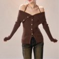 thumbnail image 3 of Women Asymmetrical Rib Knitted Sweater Casual Solid Slim Long Sleeve Coffee Color One size, 3 of 8