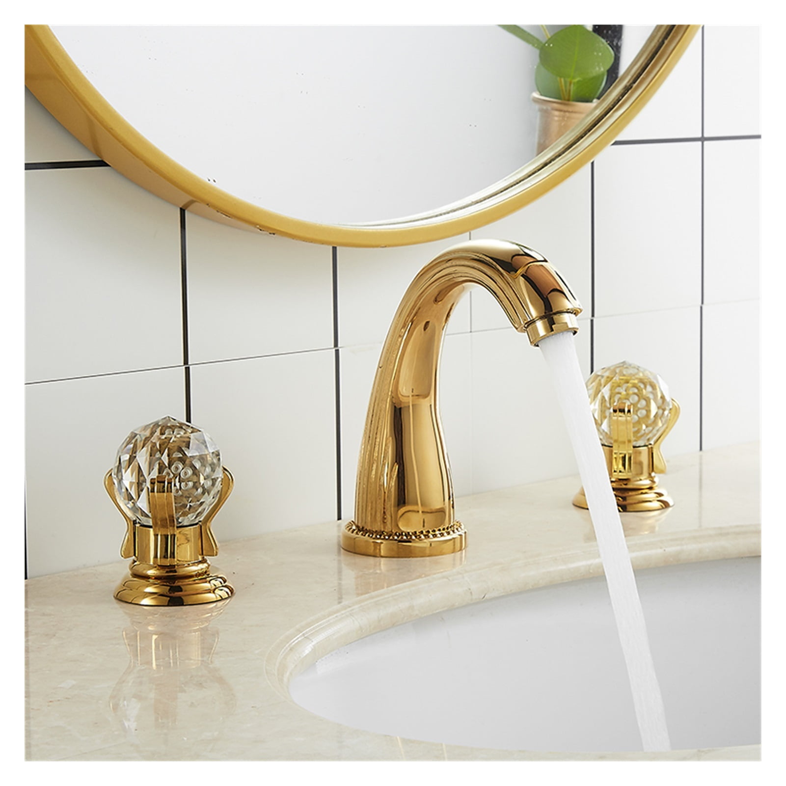 Basin Faucet Gold Bathroom Sink Faucet 3 Hole Widespread Basin Mixer Hot And Cold Brass amd Crystal Water Tap New ,Easy to Use
