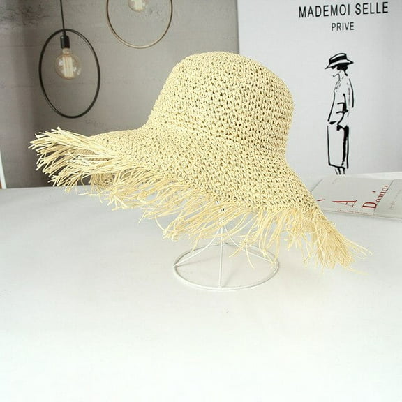 CoCopeaunts Straw Sun Hats for Women Summer Wide Brim Girls Tassel Natural Raffia Panama Beach Straw Sun Caps for Holiday Portable Present