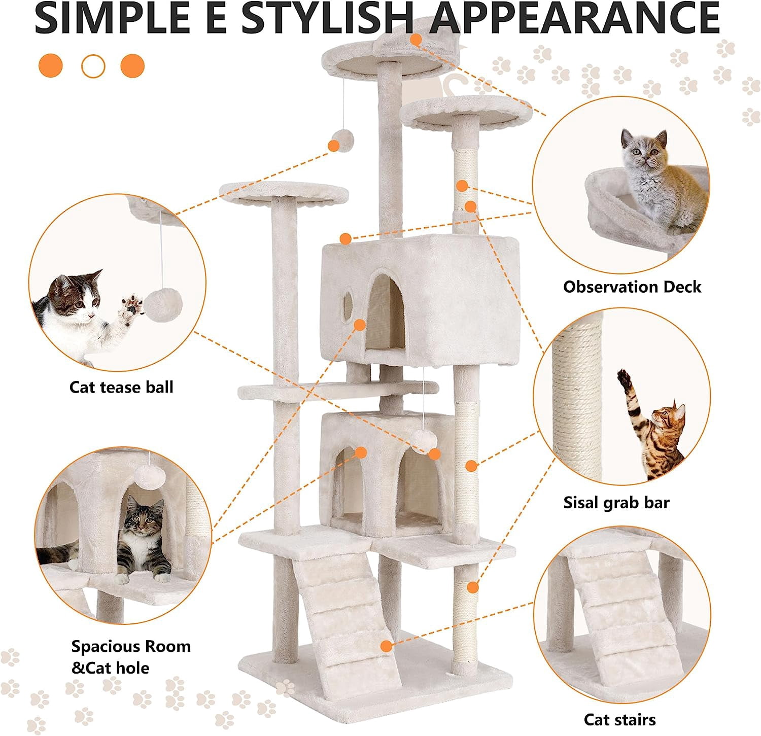 NiamVelo 70 inch Cat Tree Tower Furniture Cat Condo with Scratching Post for Indoor Kittens, Beige