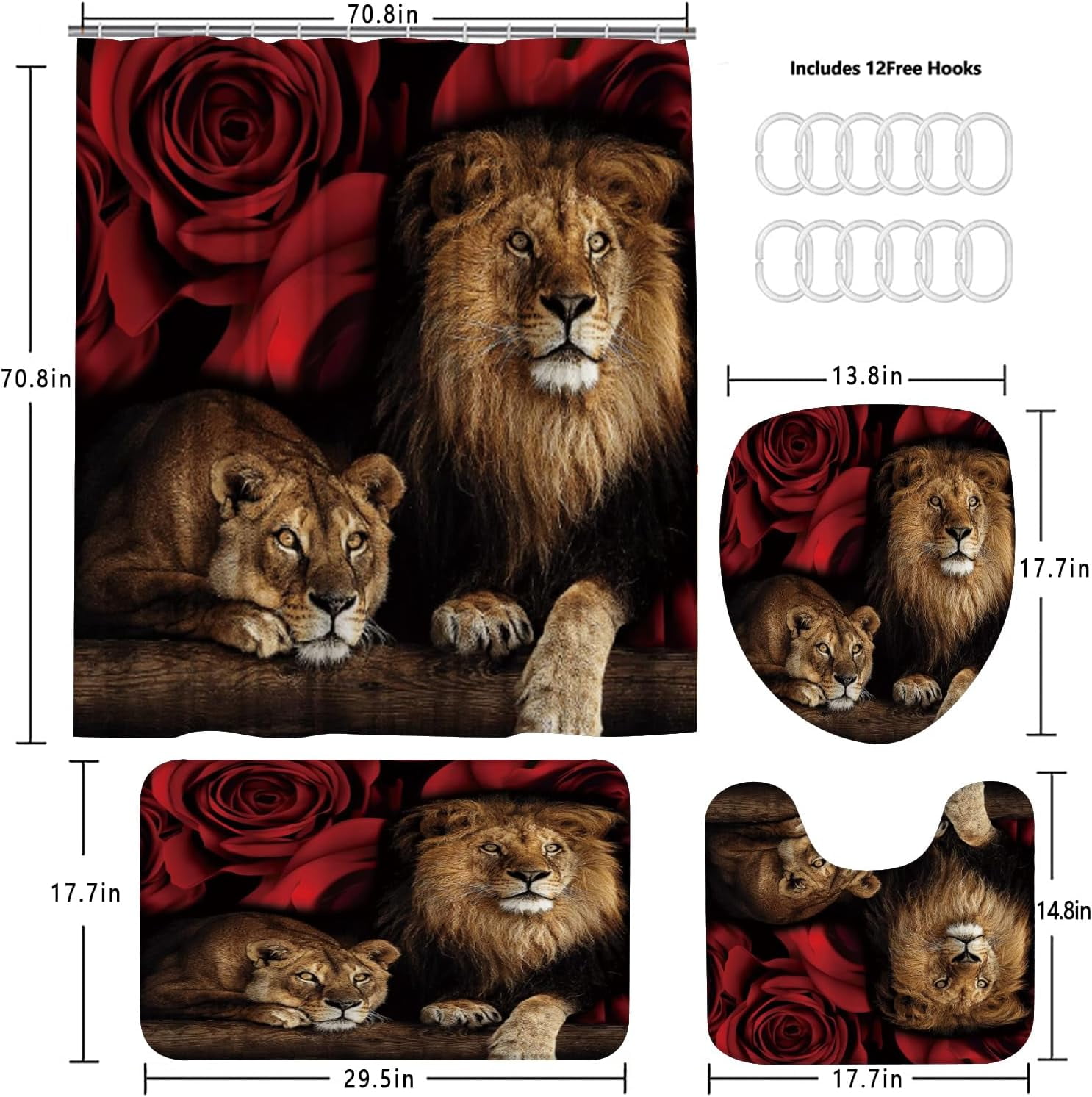 4PCS Red Rose and Lion Shower Curtain Bathroom Set with Rugs, Toilet Lid Cover and Bath Mat, Red Shower Curtain with 12 Hooks, Complete Bathroom Accessories Decor Set