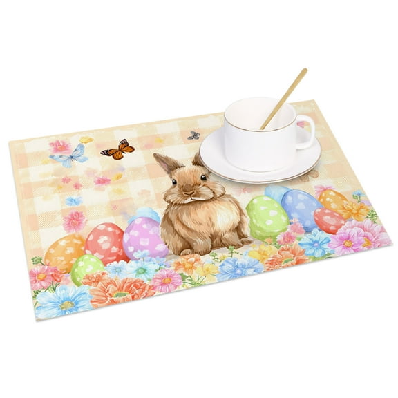 MIZHONA Happy Easter Placemats Set of 4,Spring Easter Funny Rabbit and Eggs Butterfly Table Decoration 12x18 inch