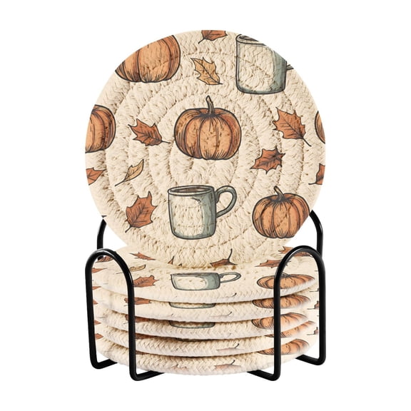Yayeee 6 PCS Drink Coasters with Holder Set Woven Absorbent Round Tabletop Hot Pad, Fall Leaves