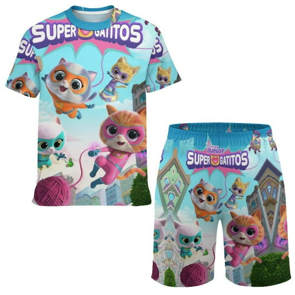 Super Kitties Boys Short Sleeve T-Shirt And Mesh Shorts Outfit Set for Kids
