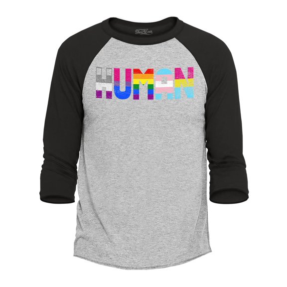 Shop4Ever Men's Human Rainbow Raglan Baseball Shirt Medium Heather Grey/Black