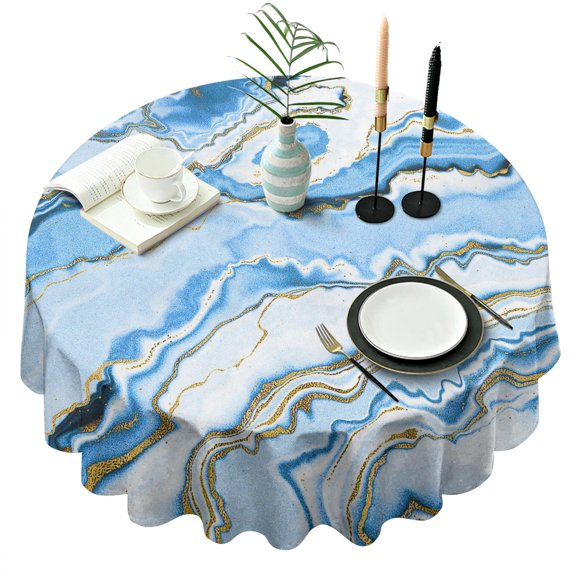 Blue Marble White Round Table Cloth,Wrinkle Free Table Cover with Polyester,Waterproof Reusable Round Table Cloths for Easter Birthday Picnic Wedding (Round,60x60inch)
