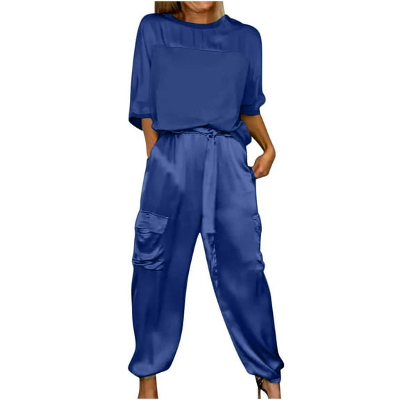 Women's Lounge Sets 2 Piece Silk V-Neck Color Block Crewneck Shirt Stain Outfits 2025 Spring And Fall Casual Multiple Pockets Wide Leg Pants Soft Loose Matching Clothes