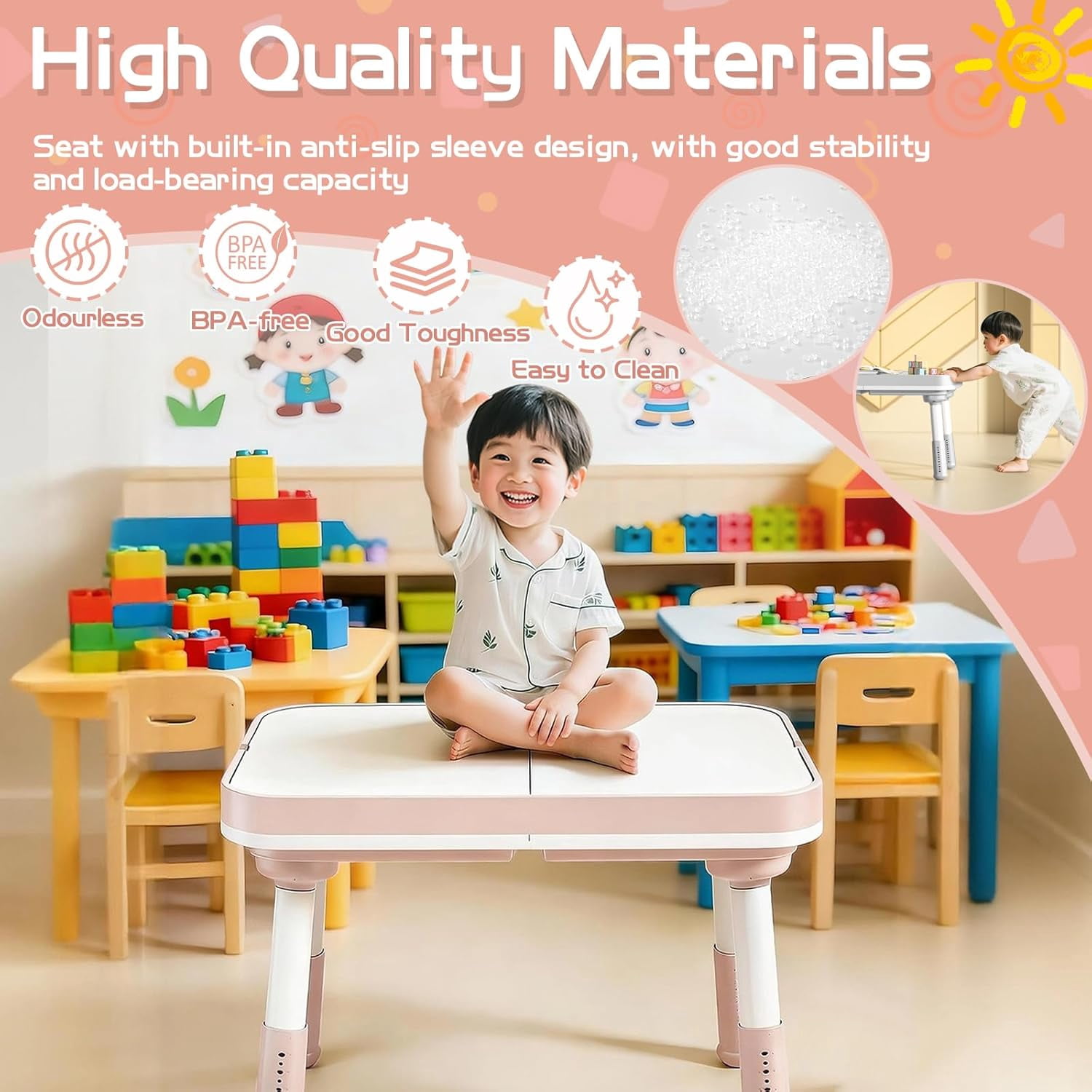 NEORIVER Kids Table and Chair Set with Storage – 5-in-1 Height Adjustable Toddler Activity Table & 2 Chairs for Building Blocks, Drawing, Reading, Dining, Sand & Water Play