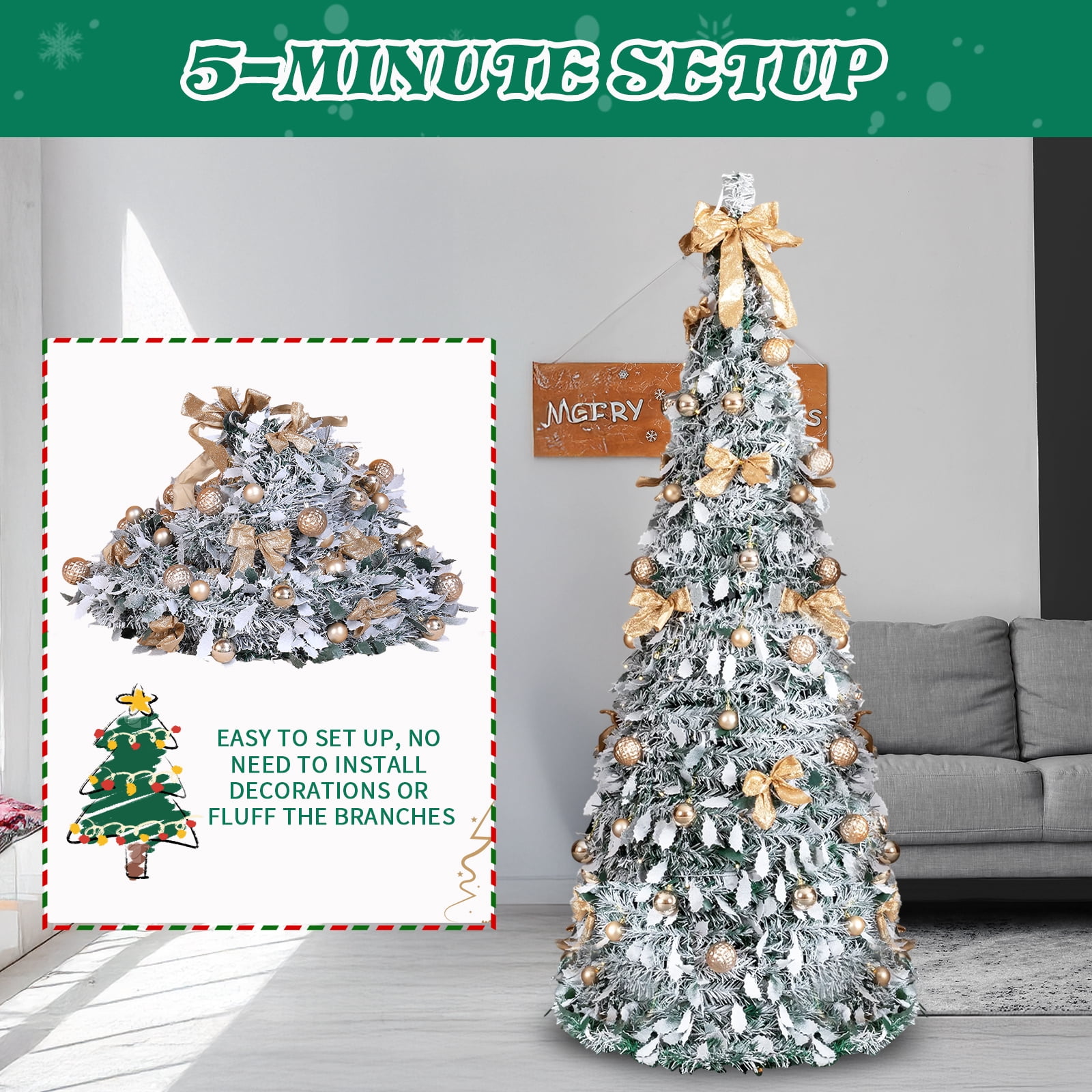 Astoutdoor 6 ft Snow Flocked Pre-lit Artificial Pop Up Christmas Tree with 100 Warm Lights and Golden Ornaments, Snowy Green
