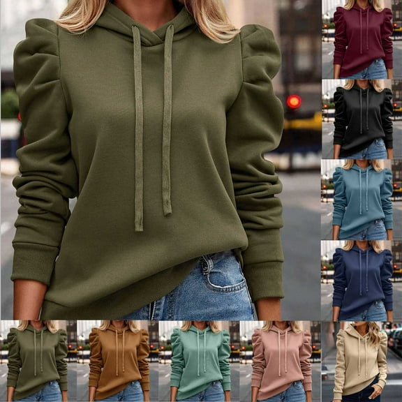 ATOYSOY Long Sleeve Hoodies Sweatshirts Loose Shirts for Women Solid Color Tops Crew Neck Pullovers Drawstring Casual Trendy Outwear Fall Green L