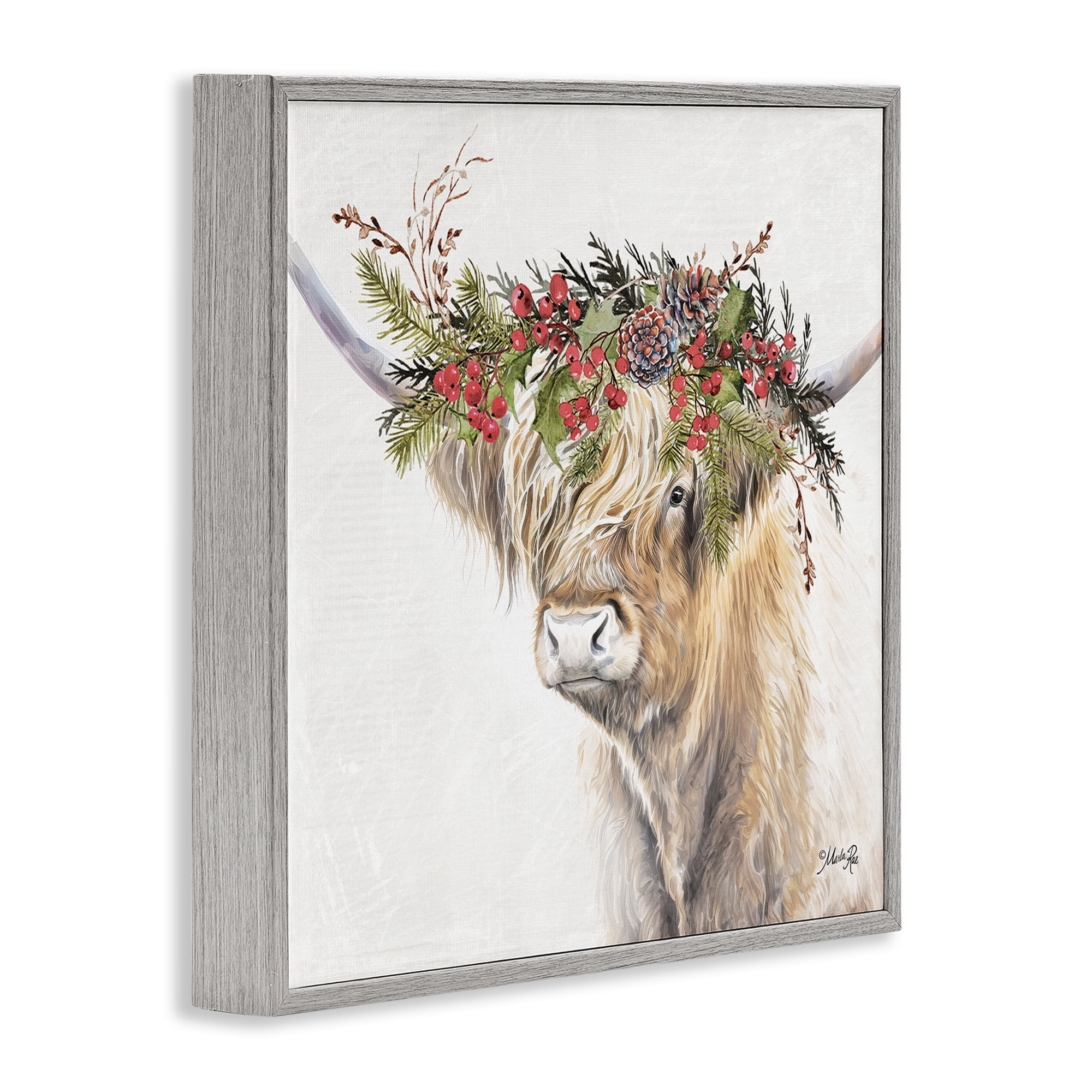 Stupell Industries Cattle with Seasonal Berries Animals & Insects Painting Gray Framed Art Print Wall Art, 12 x 12