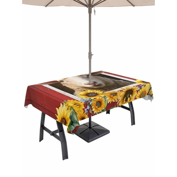 Outdoor Tablecloth with Umbrella Hole and Zipper, Sheep Sunflower Rectangle Table Cloth 60x102 Inch Waterproof Tablecloth, Country Red Farm Barn Spring Flowers Picnic Table Cover for Patio Camping