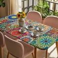 thumbnail image 3 of Colorful Ethnic Table Cloths for 4 Foot Rectangle Tables, National Modern Geometric Blue Green Patio Waterproof Elastic Fitted Tablecloths, Washable Rectangular Table Cover for Camping, 3 of 8
