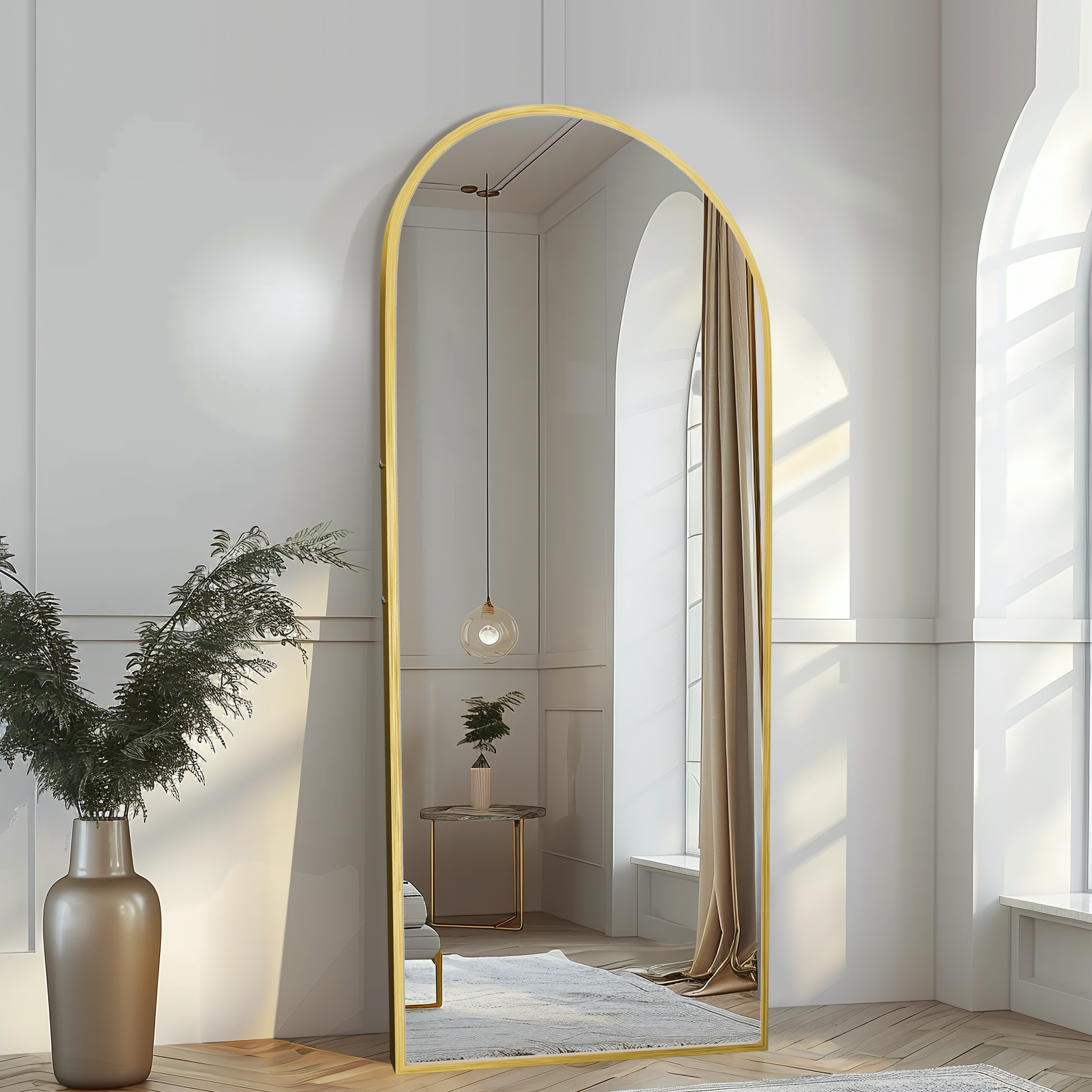 MAYEERTY 64"x21.25" Modern Arched Aluminum Alloy Frame Full Length Mirror Floor Mirror with Stand,Gold