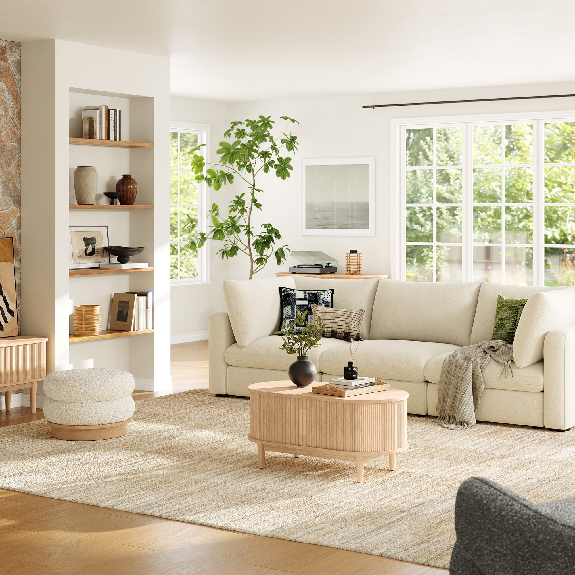 LINSY HOME Fluted Coffee Table with Storage, Mid-Century Coffee Table for Living Room with Sliding Tambour Door, Oak