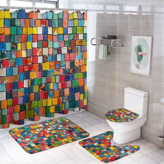 Colorful Tile In Small Squares 4 Piece Decor Shower Curtains Sets Bathroom Decor Set with Non-Slip Rugs Toilet Lid Cover And Bath Mat Exotic Geometry Waterproof Durable Bathroom Decor Shower