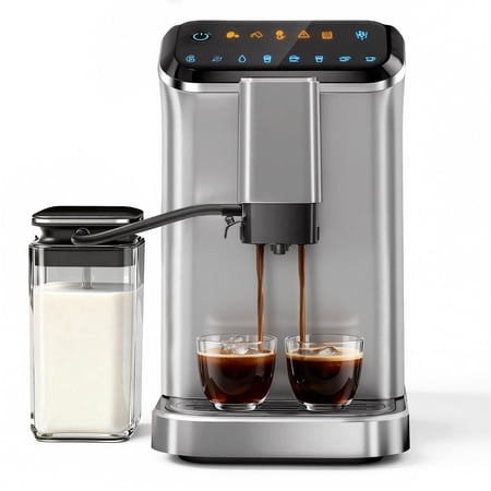 SIMZLIFE 2-Cup Automatic Espresso Machine, 15 Grind Settings, 20 Bar Pressure, Milk Frother, Silver