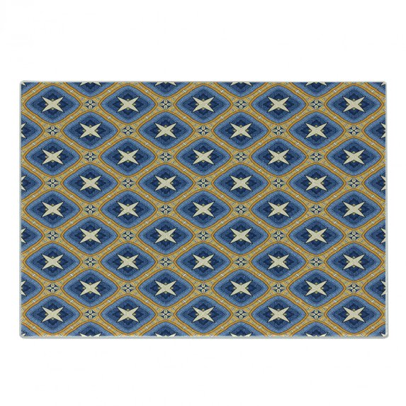 Ethnic Cutting Board, Vintage Tile Ornament Diagonal Pattern with Art Influences, Decorative Tempered Glass Cutting and Serving Board, Small Size, Blue Orange Beige, by Ambesonne