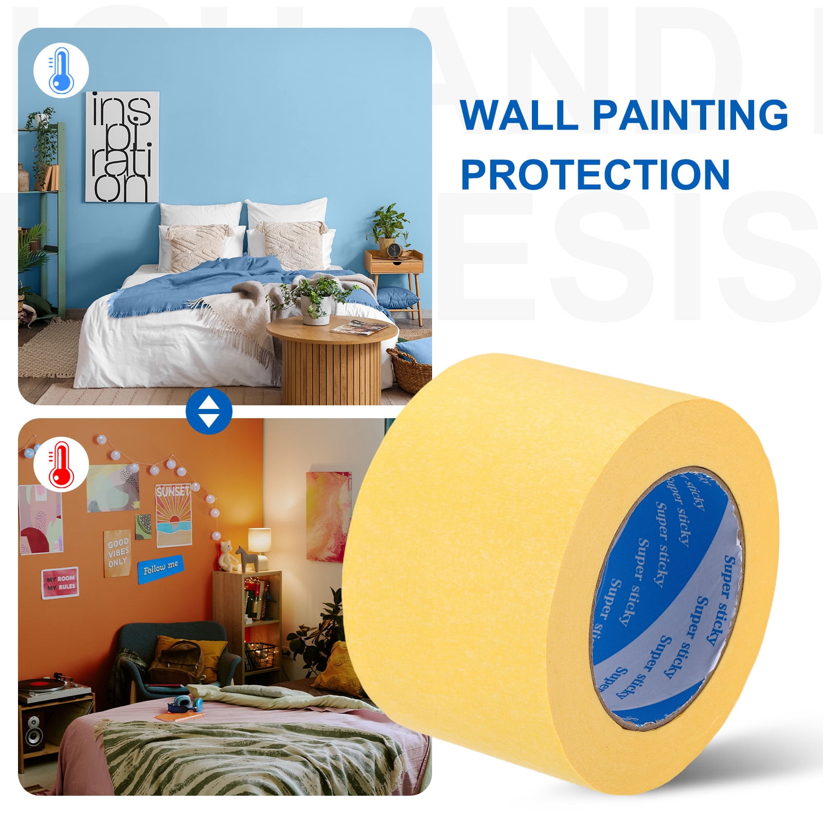 Uxcell Painters Tape, High Temperature Resistant Paint Masking Tape Adhesive for Wall Painting Craft Arts Decoration Drafting Yellow 2.99 Inch x 55 Yards