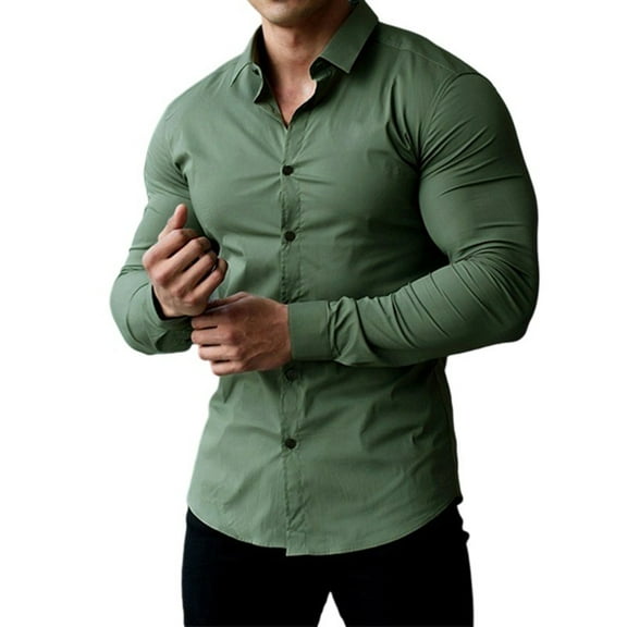 Domuza Muscle Dress Shirts for Men Slim Fit Stretch Long Sleeve Button Up Shirts Casual Solid Color Lapel Business Athletic Blouse Army Green XL