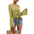 thumbnail image 1 of XINQIHANG Womens Boho Off Shoulder Sheer Crop Tops Bell Sleeve Flowy Oversized Crochet Ruched Pullover Sweaters, 1 of 4