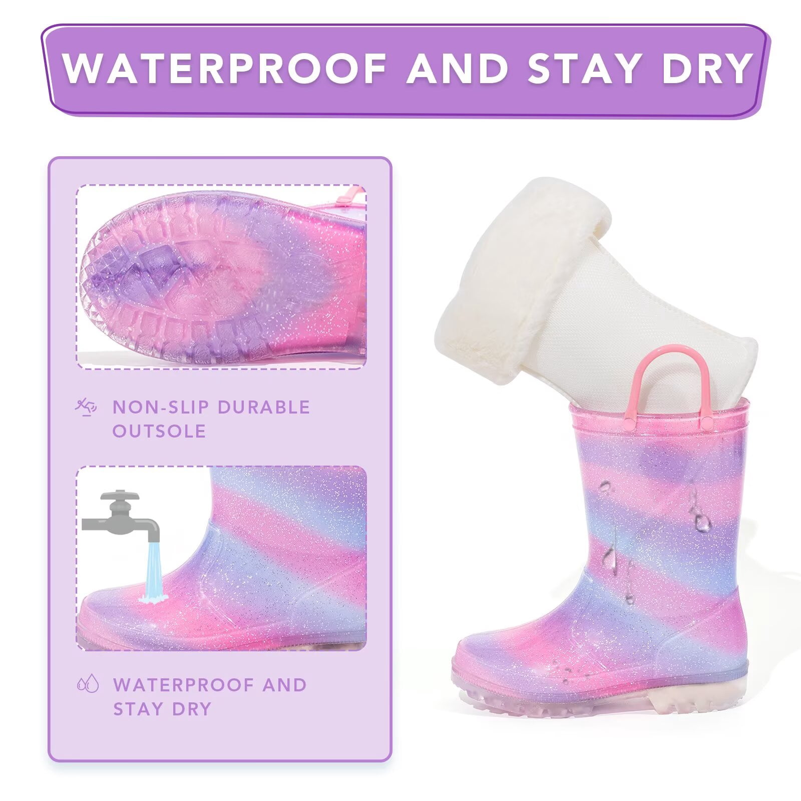 FUNCOO PLUS Girls Light Up Rain Boots Toddler Kids Warm Lined Winter Boots, Pink&purple, Big Kid Size 3