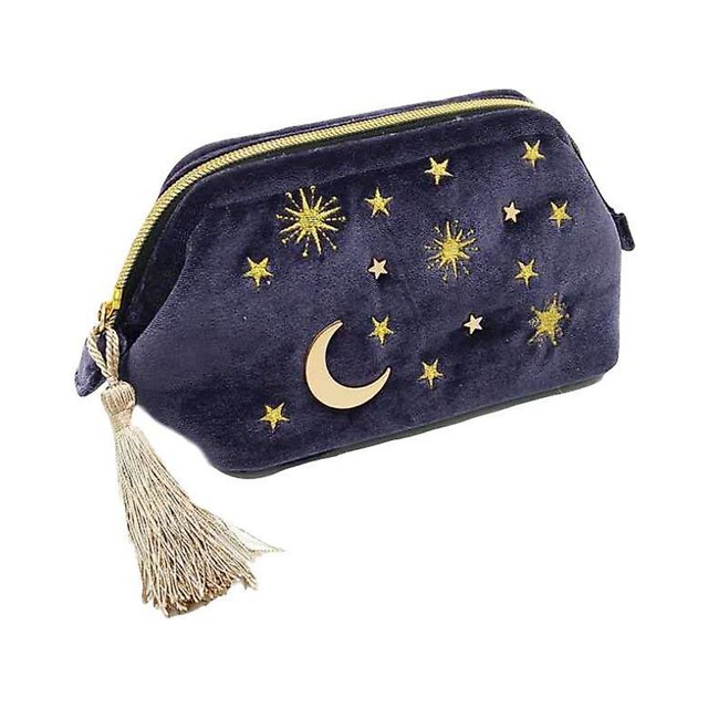 Práctica Bolsa De Maquillaje Cosmético,Bolsa De Cosméticos De Sol Y Estrellas De Luna Con Apliques Bordados De Terciopelo Azul Marino,Bolsa De Maquillaje Estrellada Con Borlas Y Cremallera De Per