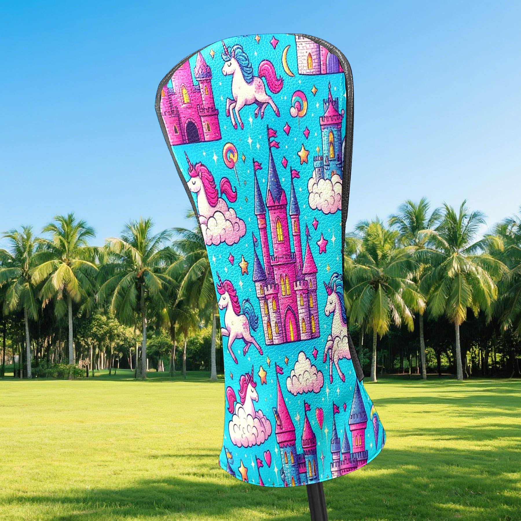 Golf Club Covers, Blue Unicorn Castle Premium PU Leather Driver Hybrid Putter Head Covers with Velvet Lining, Waterproof Golf Gifts for Men Women