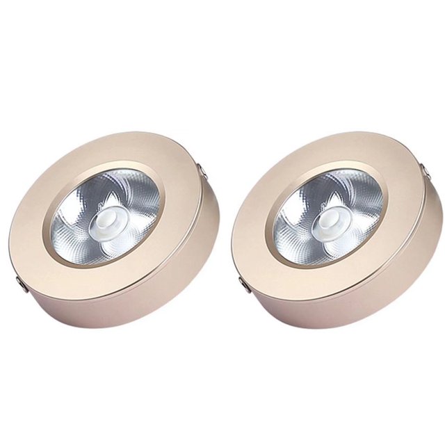 Iluminación de gabinete de 2 piezas, focos LED de montaje en superficie, iluminación de encimera, iluminación de utensilios de cocina de 5 W (dorado, blanco cálido)