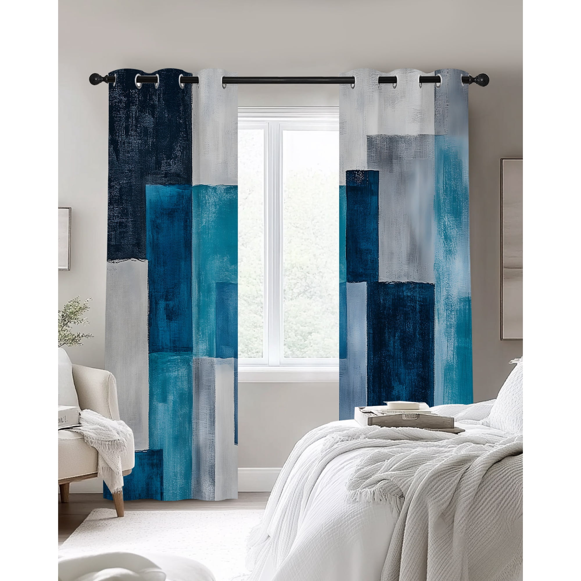 Modern Turquoise Blackout Curtains 2 Panels, Gradient Blue Grey White Coast Neutral Thermal Insulated Grommet Window Curtains for Bedroom Living Room 52"x96"