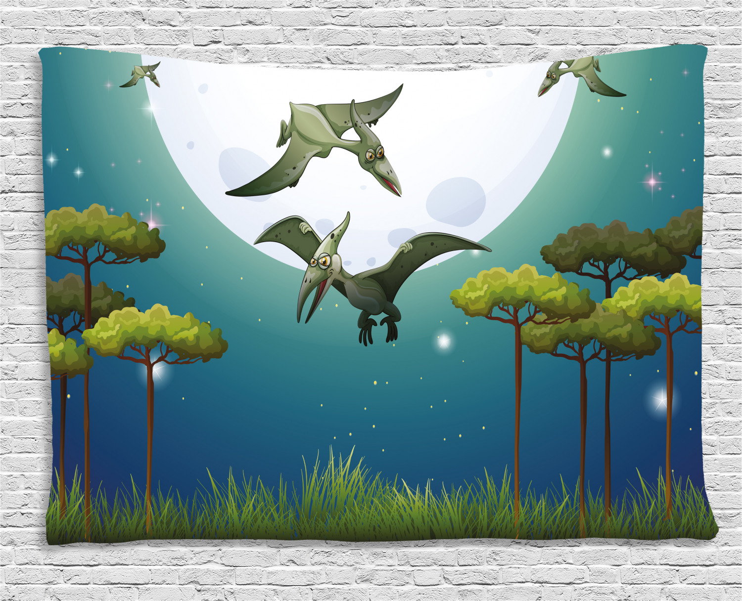 Dinosaur Tapestry Cartoon Style Dinosaurs Flying On Full Moon Magical Night Enchanted Forest Wall Hanging For Bedroom Living Room Dorm Decor 80w X 60l Inches Green White Blue By Ambesonne Walmart Com