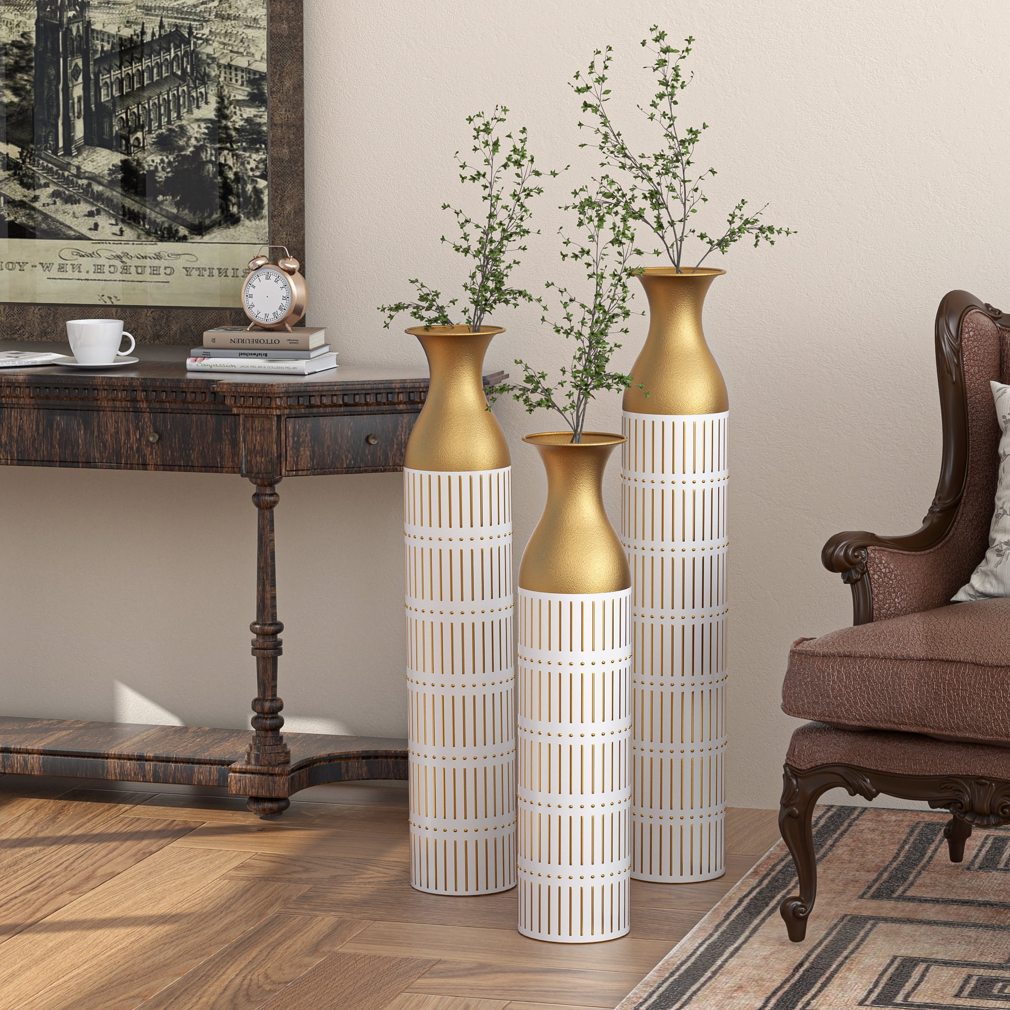 Aukfa Tall Floor Vase for Flowers,Set of 3 Large Metal Glazed Vase,24.5"/28.75"/33.5",White