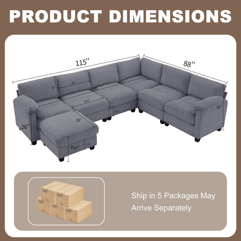 RIAFUN Oversized U-Shaped 7-Seater Modular Sectional Sofa with Chaise, Convertible Sleeper & Ottoman, Deep Seat Cloud Couch in Corduroy for Living Room, Dark Gray