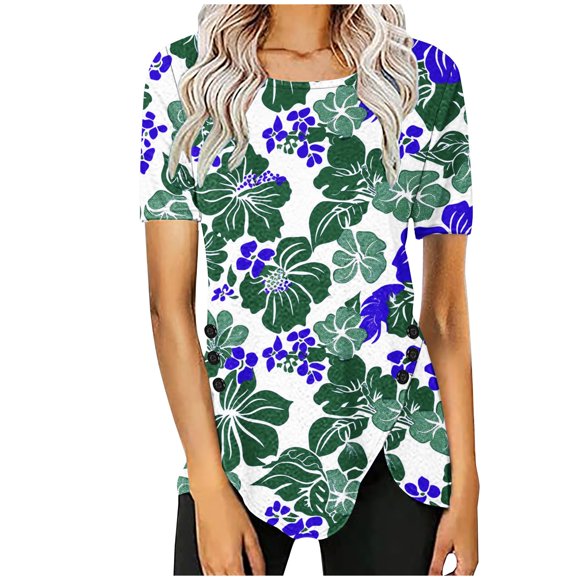 Blusas de Manga Corta para las Mujeres Botón Impreso Cuello Redondo Top Casual, Blusas para las Mujeres Casual