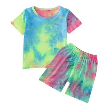 

Toddler Kids Baby Boys Girls Summer Clothes Tie Dye Print Short Sleeve T-Shirt Tops + Elastic Waist Shorts Outfist Set