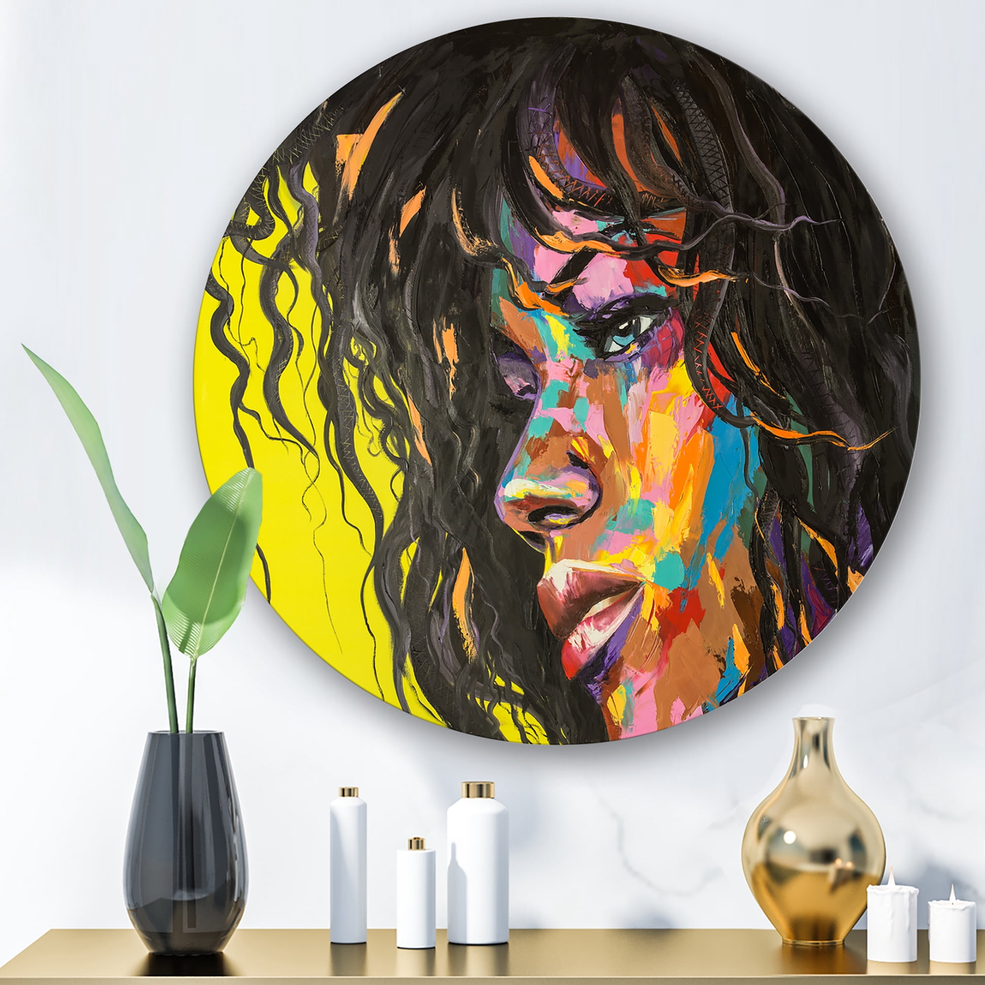 Designart 'Abstract Colorful Fantasy Portrait Of A Young Woman I' Modern Circle Metal Wall Art 11x11 - Disc of 11