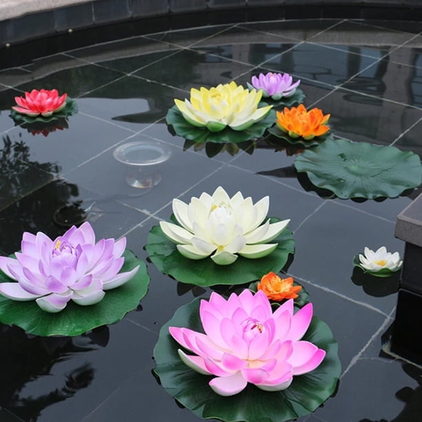 Nénuphars Artificiels Flottants - Lot De 8 (5 Fleurs + 3 Feuilles), PE Blanc Et Vert