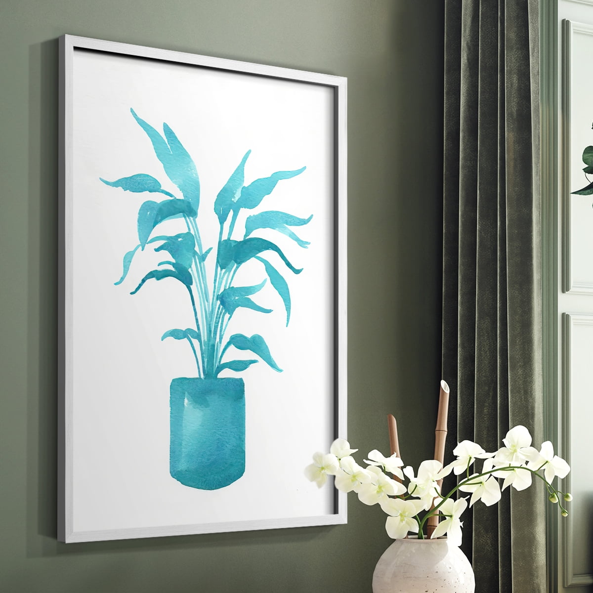 Watercolor House Plant IV Framed Print in White Solid Wood 11 x 14 Framed Print