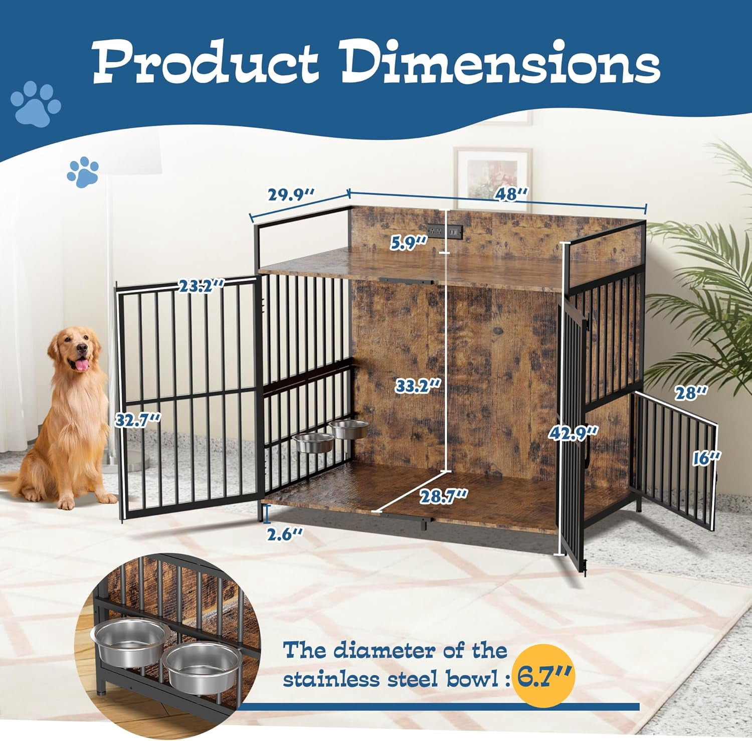 48" Dog Crate Furniture for Large Dogs, Wooden Dog Kennel with 360° Rotating Feeder Bowls and 3 Doors, Indoor Dogs Crates with USB Charging Station, Heavy Duty Medium Dog Cage