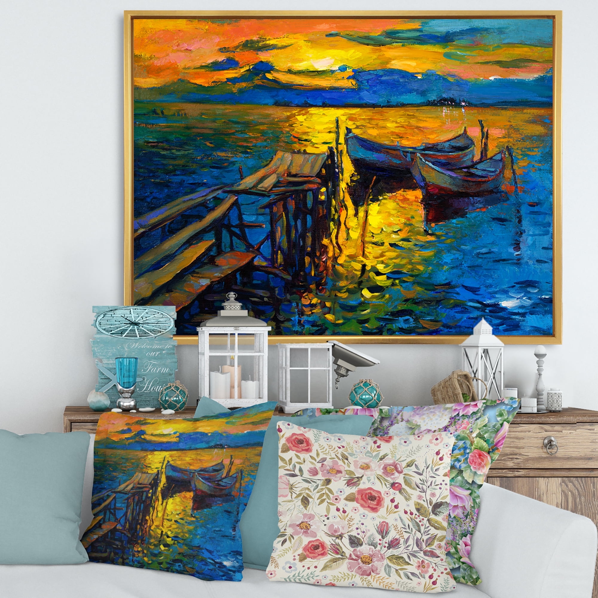 Designart 'Boat At The Lake During Evening Glow II' Nautical & Coastal Framed Canvas Wall Art Print
