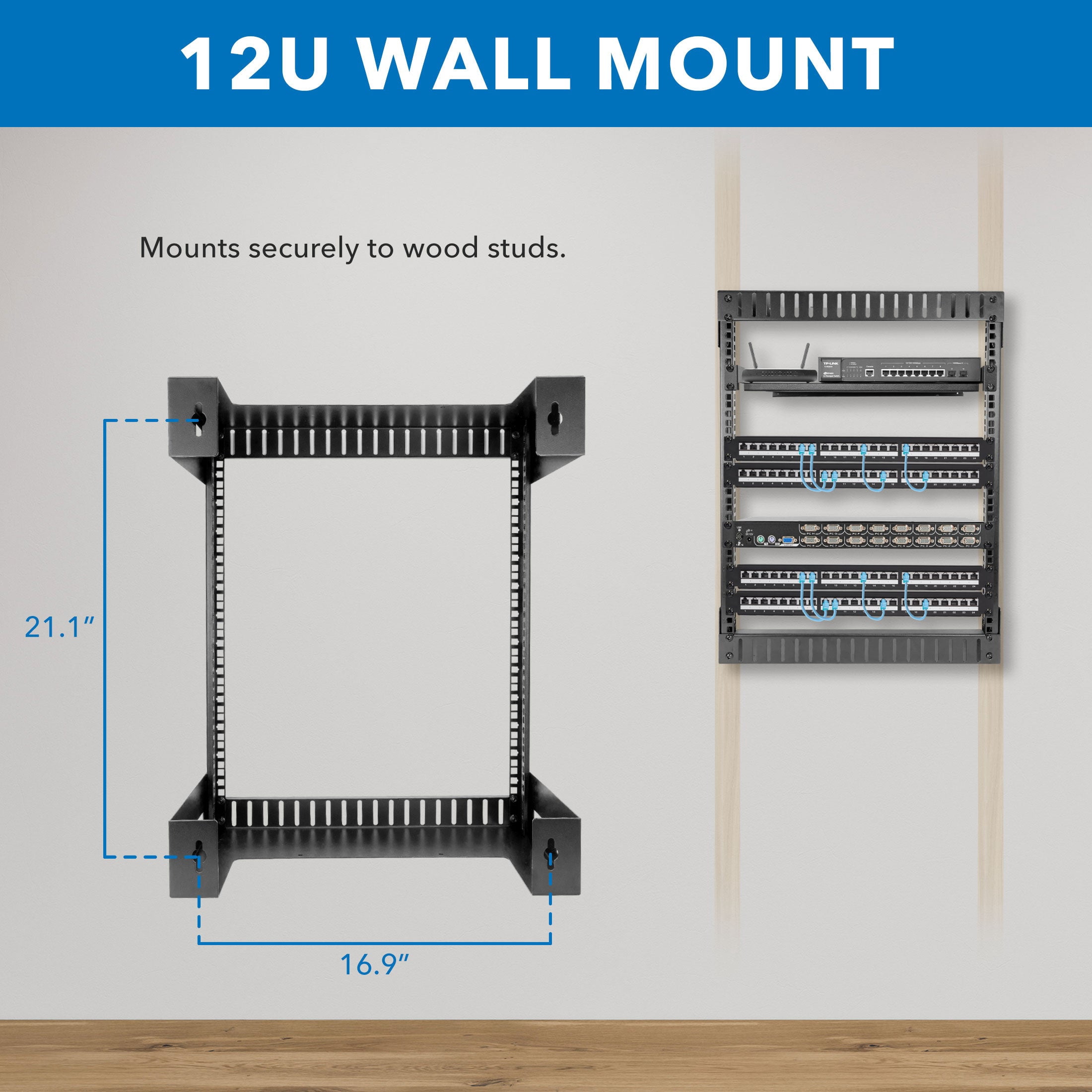 Mount-It! 12U Black Steel Open Frame Wall Rack for Servers and AV Equipment