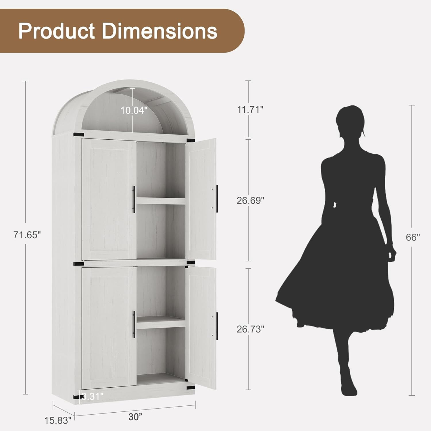 Memoryfield 72" Tall Arched Bookcase with Doors, 5 Tier Display Bookshelf Storage Cabinet, Modern Floor Standing Organizer for Home Office Living Room, White