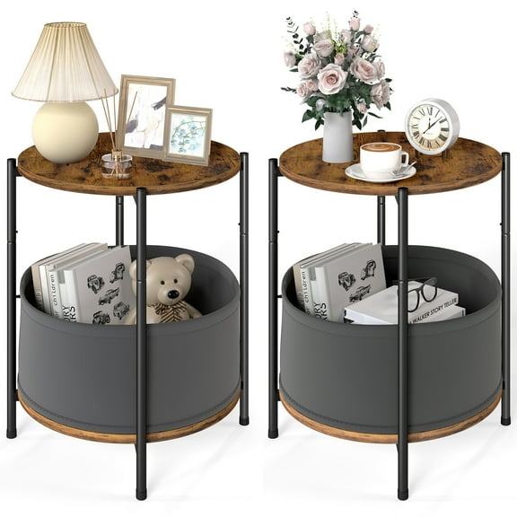 SUGIFT Set of 2 Round Side Tables with Removable Fabric Basket, Modern Industrial End Table for Living Room, Bedroom, or Office