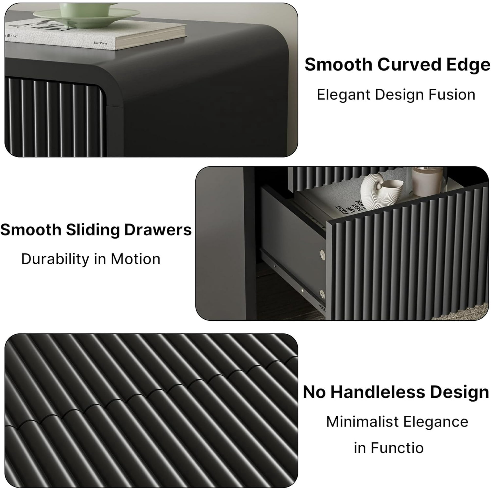 FURNIWAY Black 6 Drawer Dresser Push to Open Modern Curved Long Dresser for Bedroom Living Room Closet