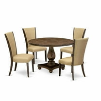 East West Furniture 5-Pc Dining Room Set - Round Dinner Table and 4 Brown Color Parson Dining Room Chairs with High Back - Distressed Jacobean Finish