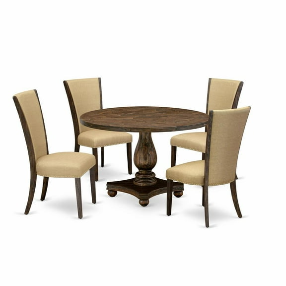 East West Furniture 5-Pc Dining Room Set - Round Dinner Table and 4 Brown Color Parson Dining Room Chairs with High Back - Distressed Jacobean Finish