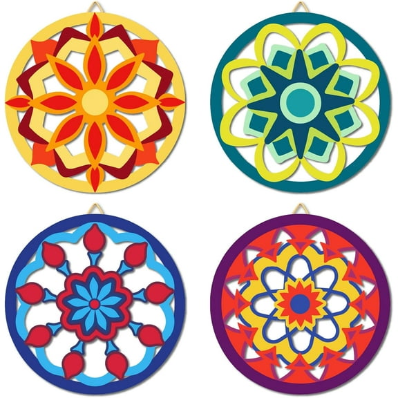 4Pcs Mandala Wood Wall Art Flower Wooden Wall Decor 10Inch Round Moroccan Talavera Sacred Geometric Spiritual Laser Cut Hollow Hanging Sign Decor for Spa Meditation Zen Room Decoration Colorful
