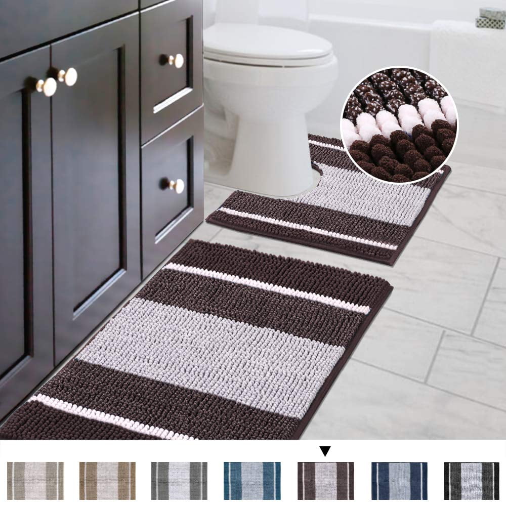 Striped Shag Chenille Bathroom Rug Toilet Sets and Shaggy Waterabsorbent Non Slip Machine